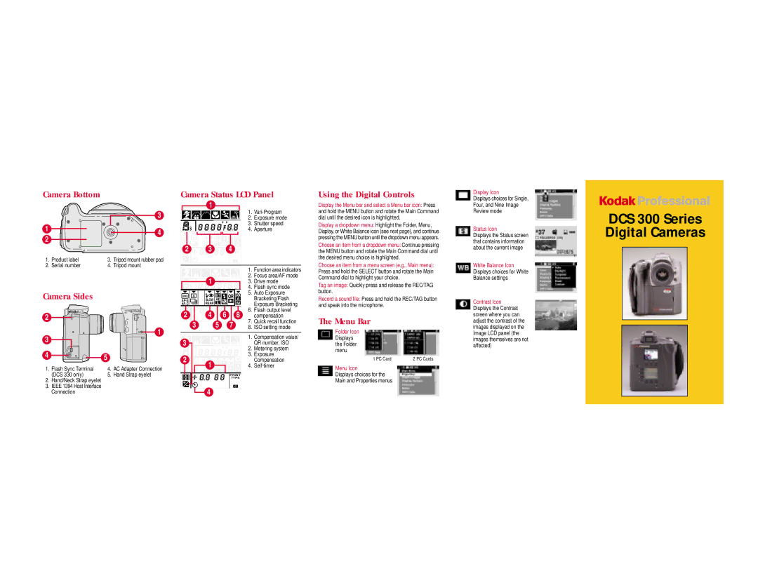 Kodak DCS 300 Series manual Camera Bottom, Camera Sides, Camera Status LCD Panel, Using the Digital Controls, Menu Bar 