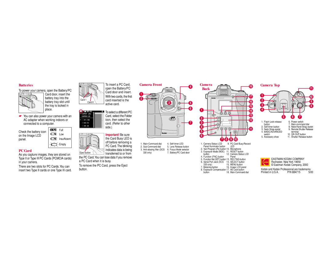Kodak DCS 300 Series manual Batteries, Camera Front Back Camera Top, PC Card 