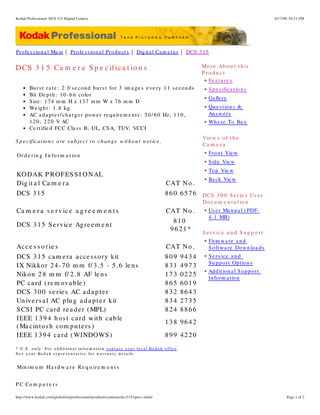 Kodak specifications DCS 315 Camera Specifications, Kodak Professional, Digital Camera CAT No, Accessories CAT No 