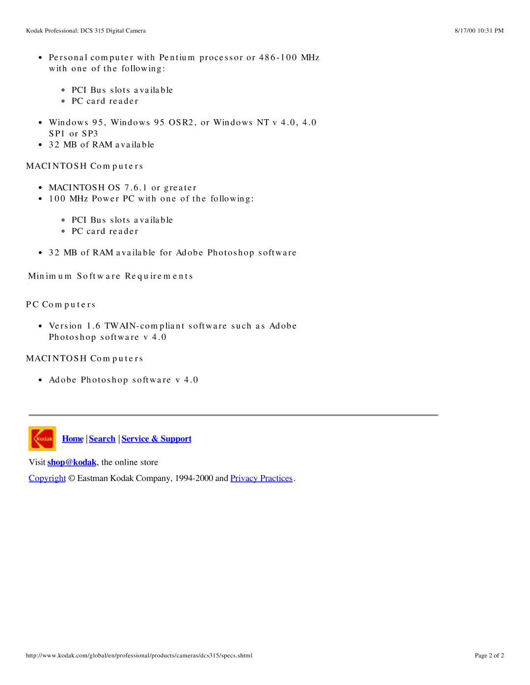 Kodak DCS 315 specifications Macintosh Computers, Minimum Software Requirements PC Computers, Home Search Service & Support 