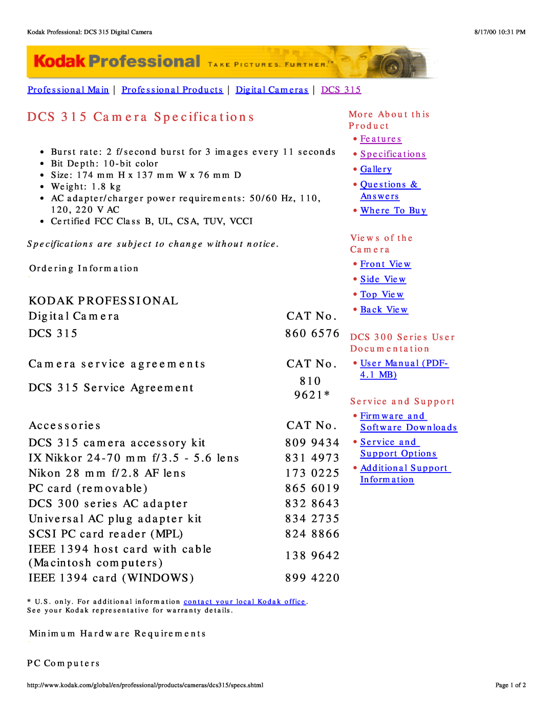 Kodak specifications DCS 315 Camera Specifications, Kodak Professional, Digital Camera, CAT No, Accessories 