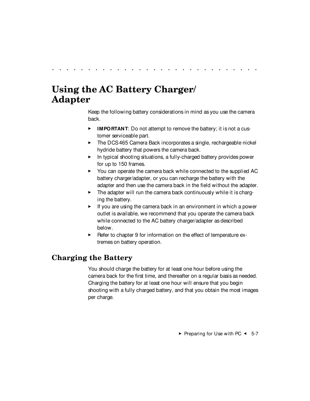 Kodak DCS 465 user manual Using the AC Battery Charger Adapter 