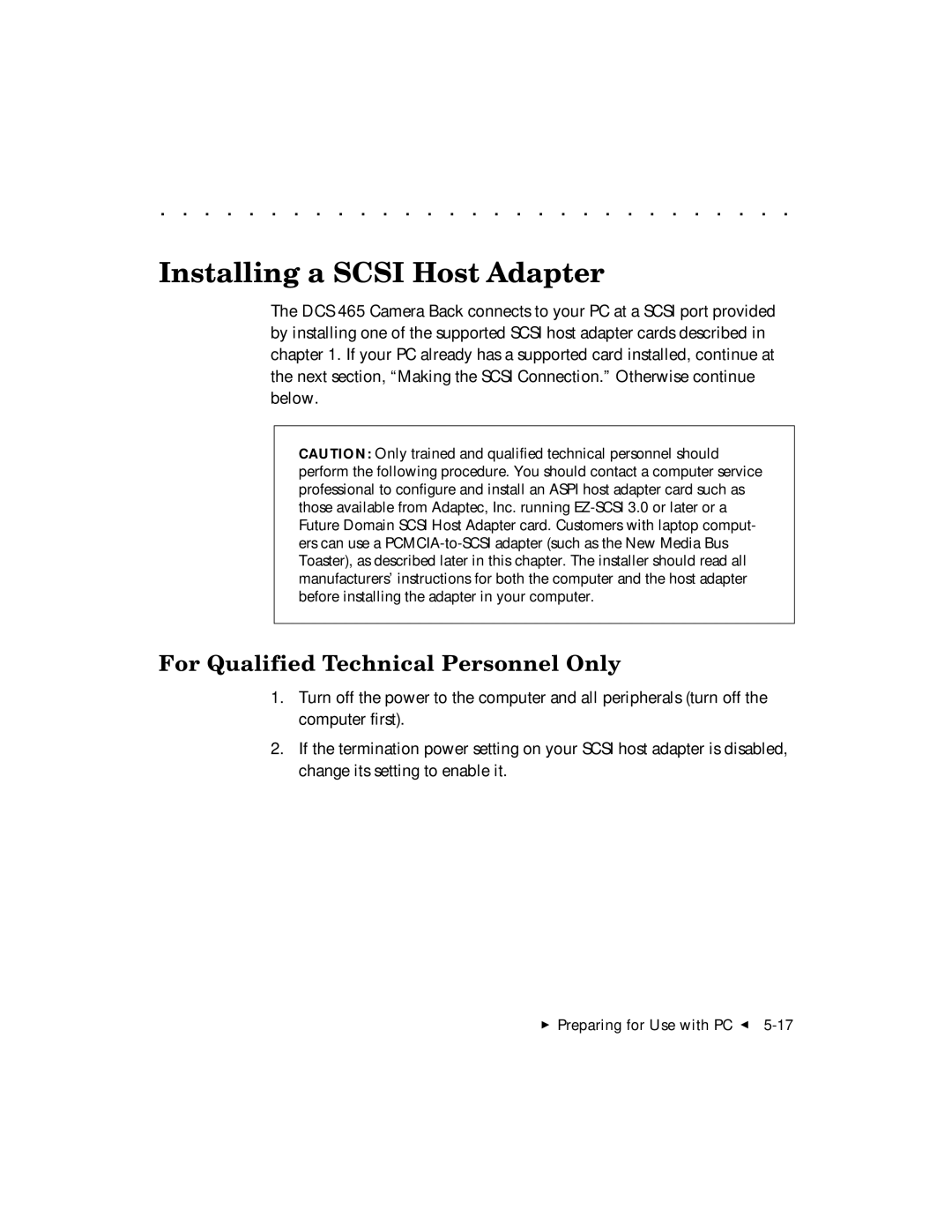 Kodak DCS 465 user manual Installing a Scsi Host Adapter, For Qualified Technical Personnel Only 