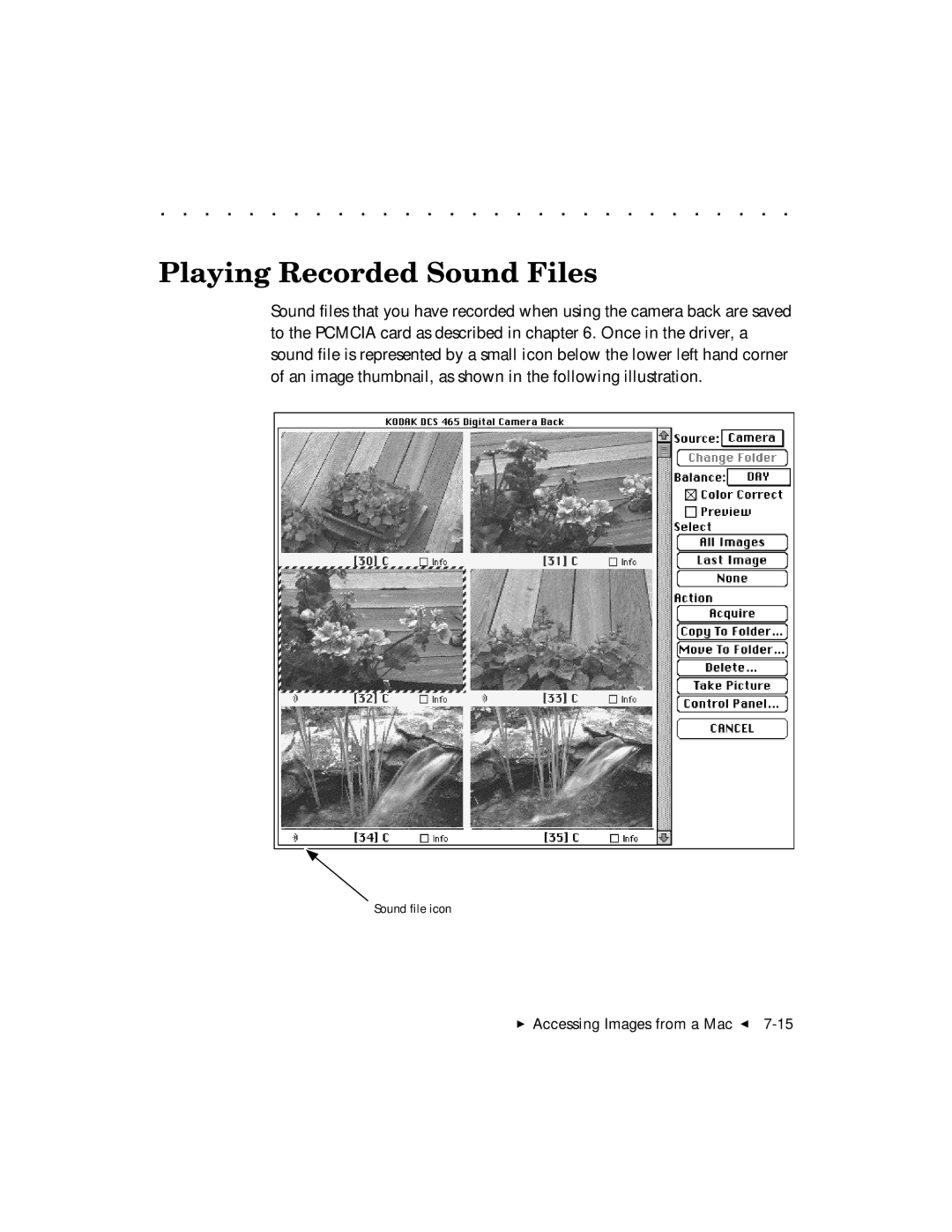 Kodak DCS 465 user manual Playing Recorded Sound Files 