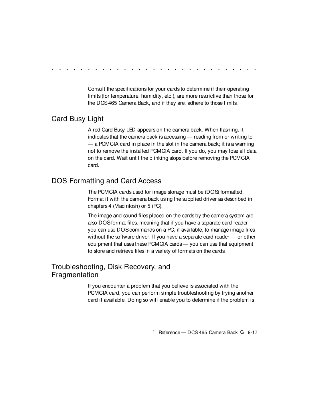 Kodak DCS 465 user manual Card Busy Light, DOS Formatting and Card Access, Troubleshooting, Disk Recovery, Fragmentation 