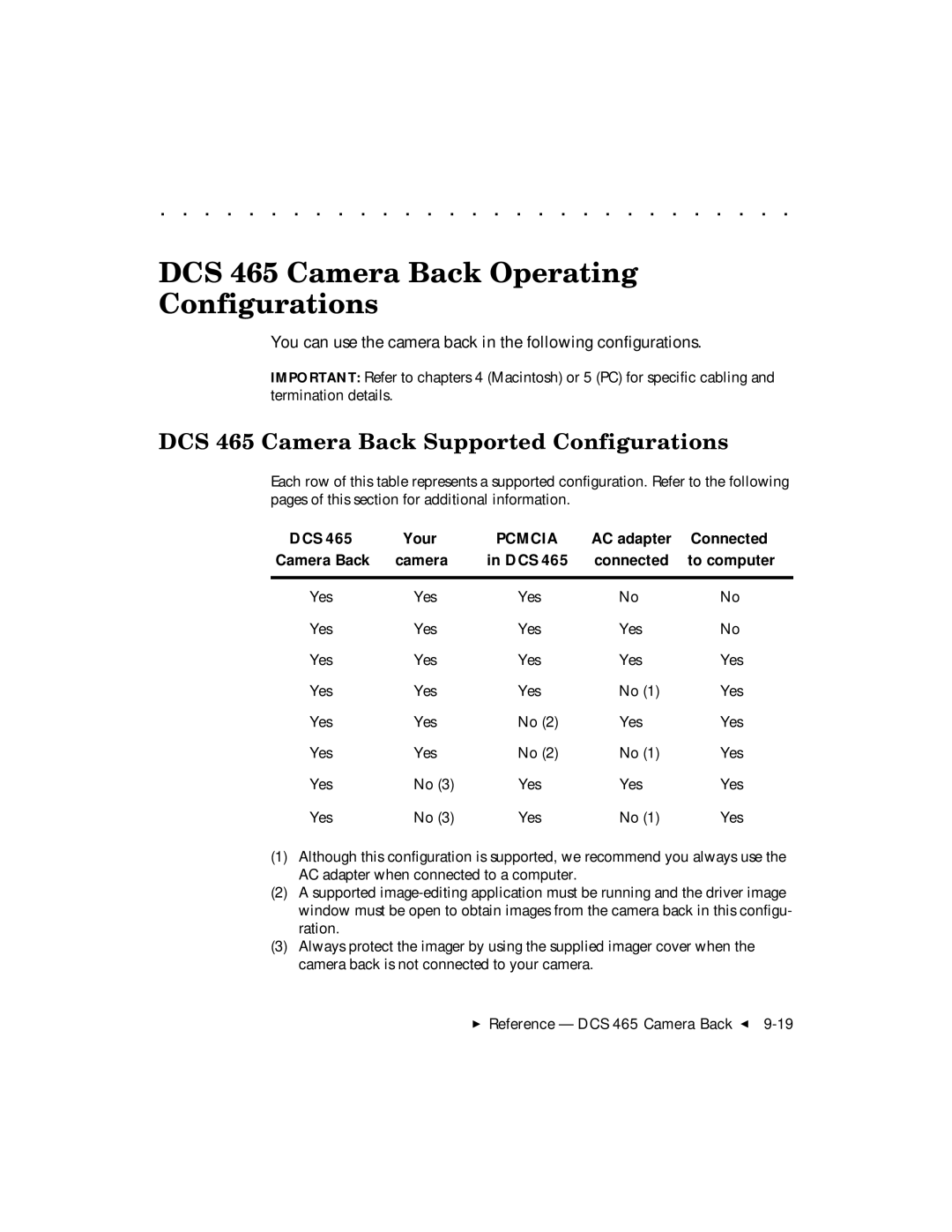 Kodak user manual DCS 465 Camera Back Operating Configurations, DCS 465 Camera Back Supported Configurations 