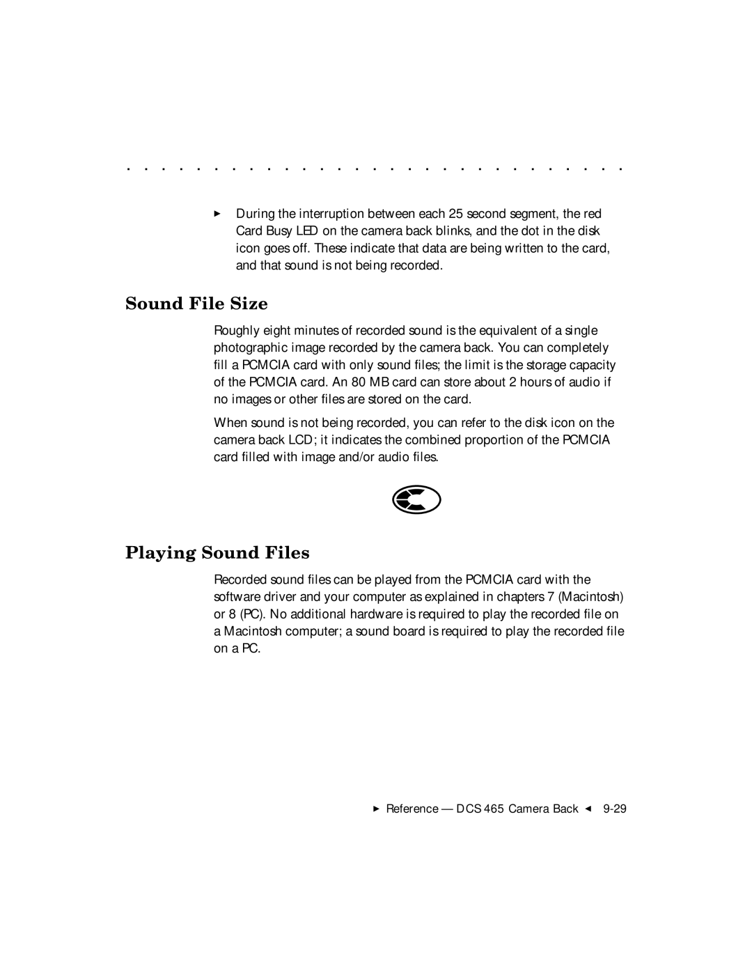 Kodak DCS 465 user manual Sound File Size, Playing Sound Files 