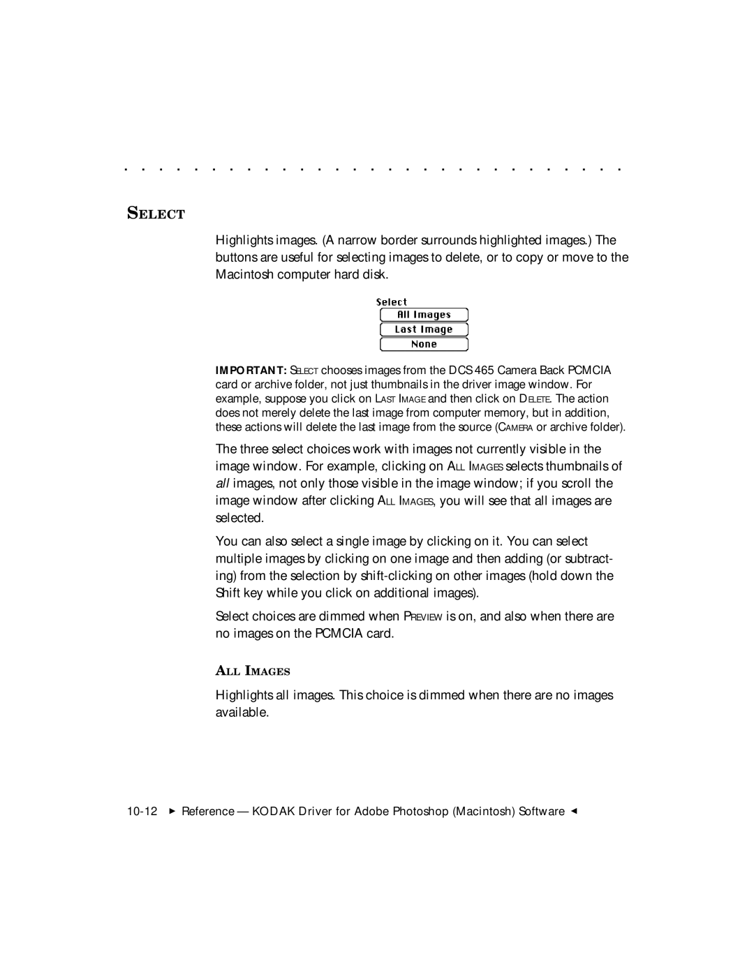 Kodak DCS 465 user manual Select 