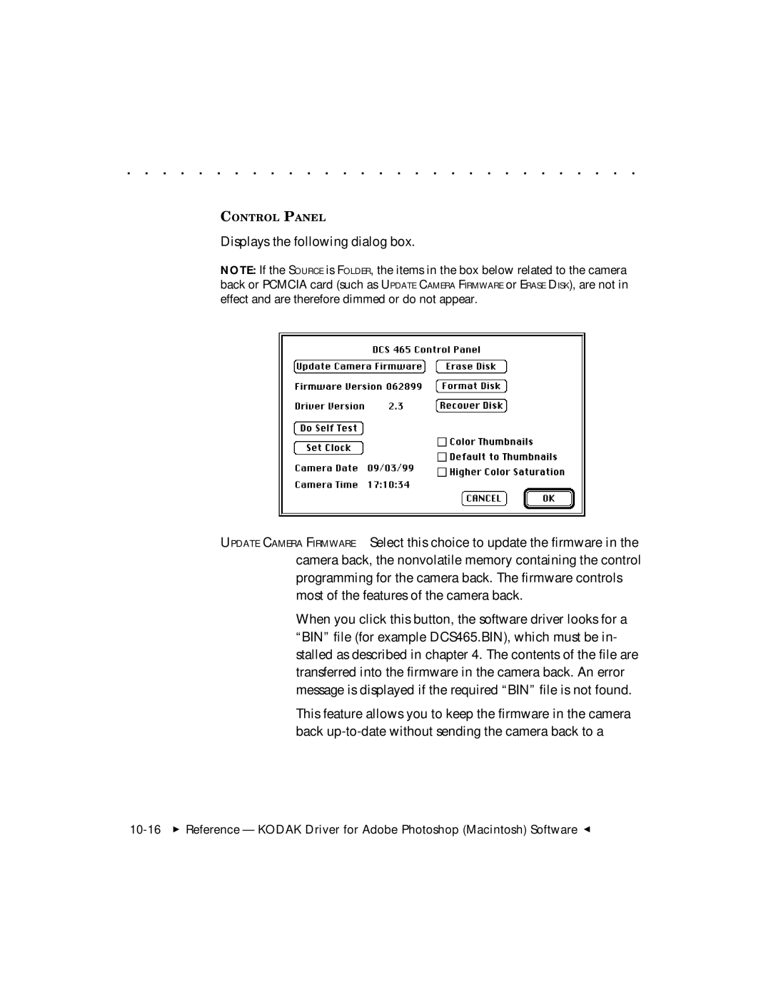 Kodak DCS 465 user manual Control Panel 