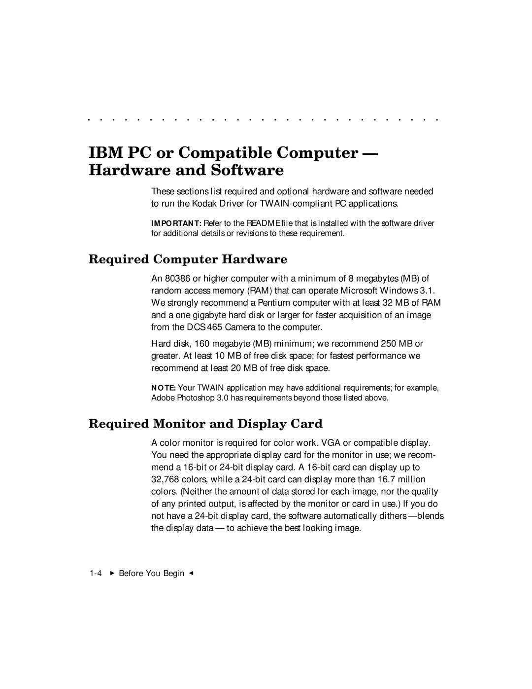 Kodak DCS 465 user manual IBM PC or Compatible Computer Hardware and Software 