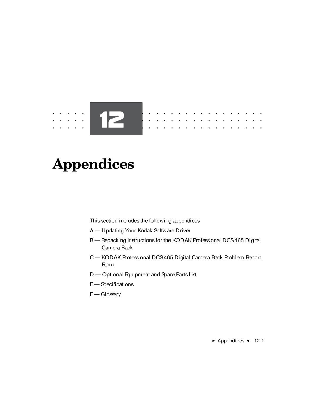 Kodak DCS 465 user manual Appendices 