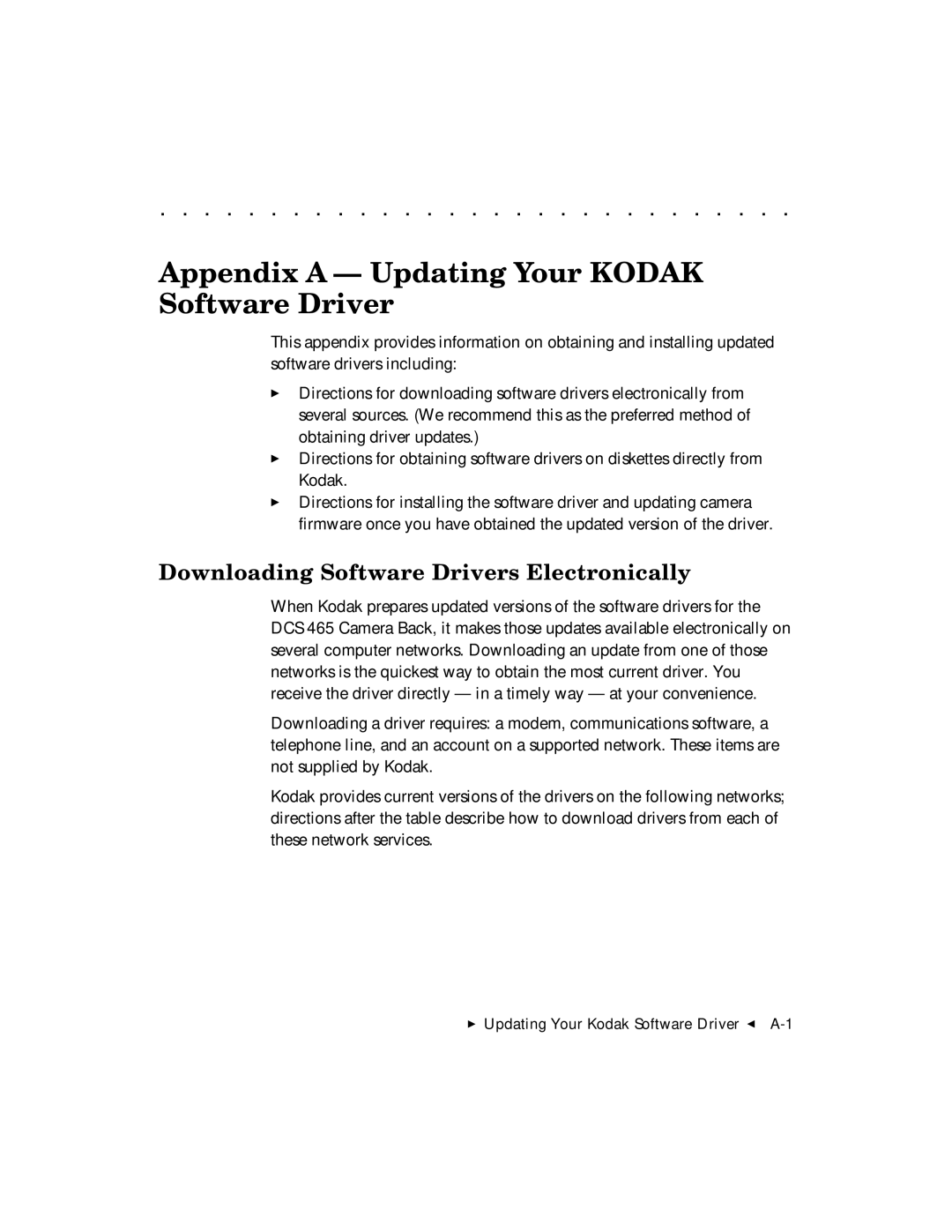 Kodak DCS 465 user manual Appendix a Updating Your Kodak Software Driver, Downloading Software Drivers Electronically 