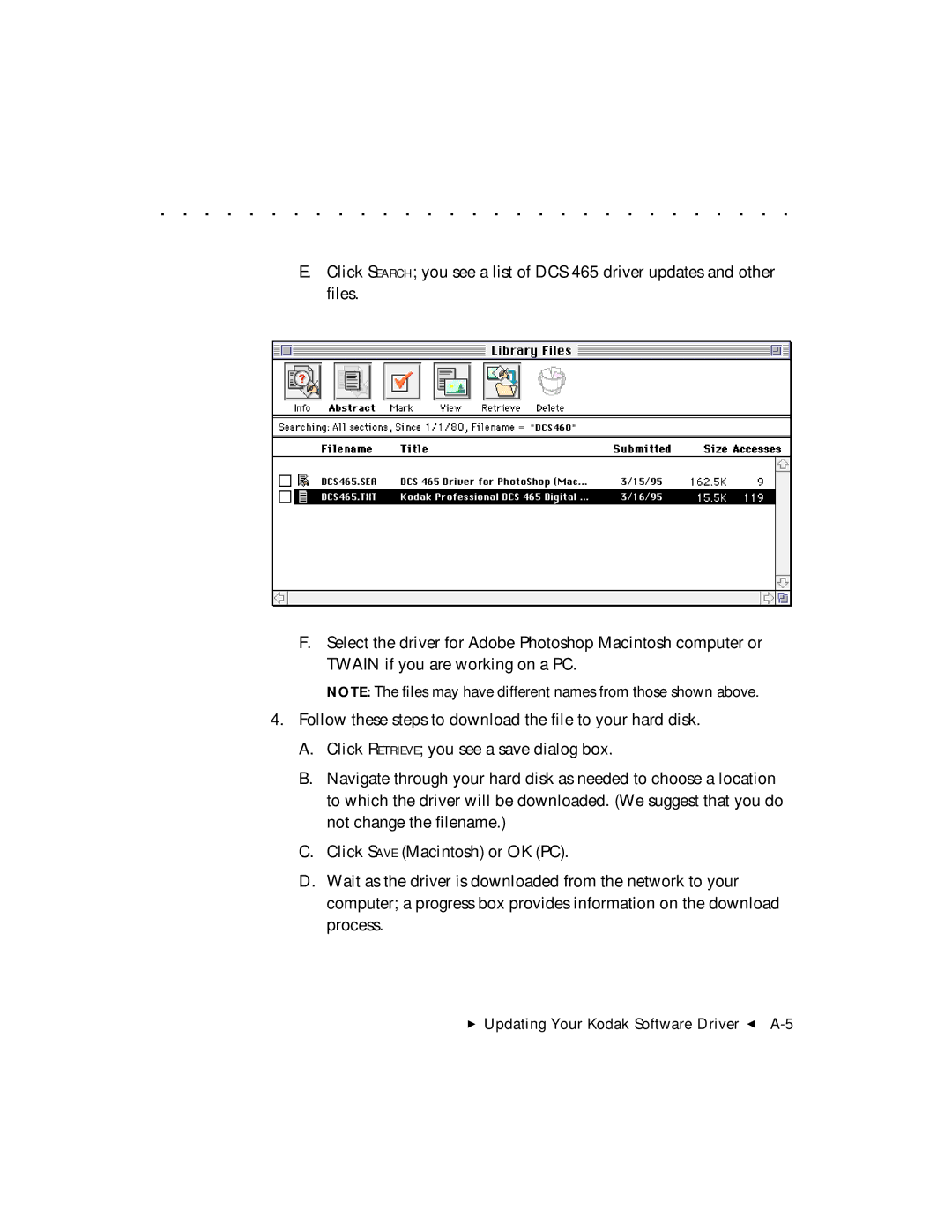 Kodak DCS 465 user manual  Updating Your Kodak Software Driver G A-5 