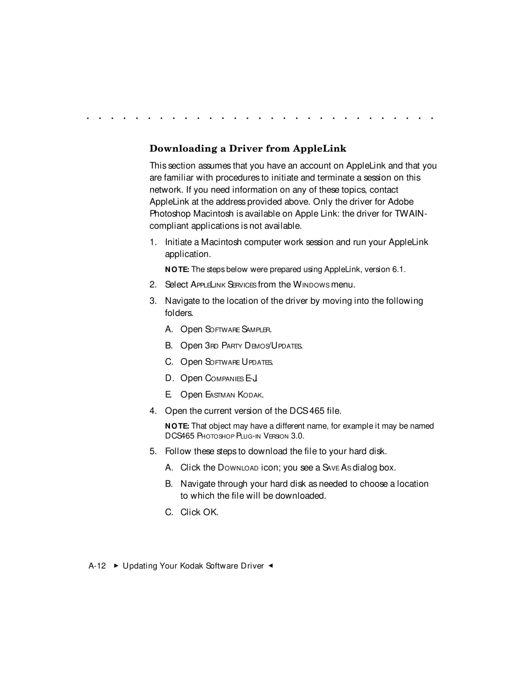 Kodak user manual Downloading a Driver from AppleLink, Open Companies E-J, Open the current version of the DCS 465 file 