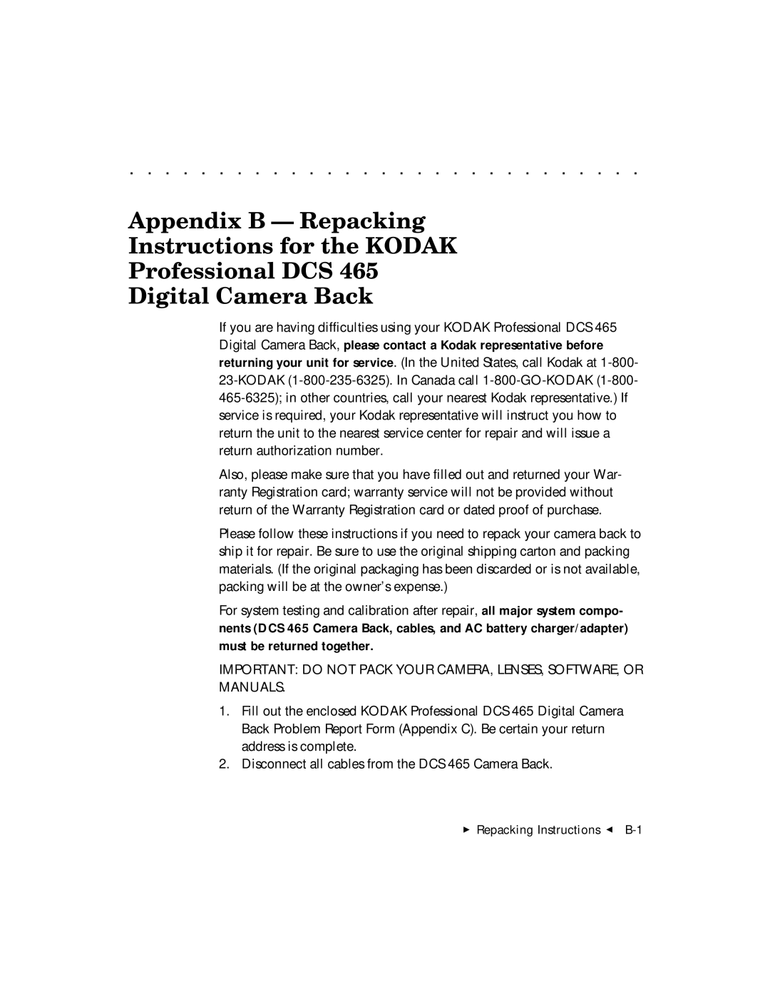 Kodak DCS 465 user manual  Repacking Instructions G B-1 