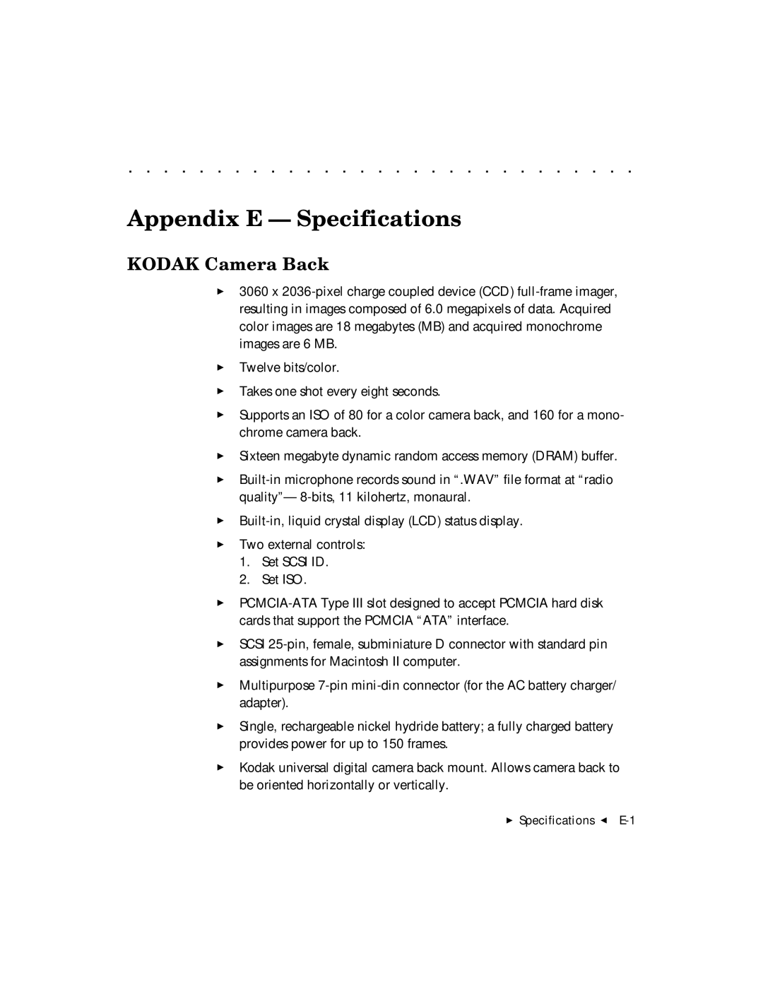 Kodak DCS 465 user manual Appendix E Specifications, Kodak Camera Back 