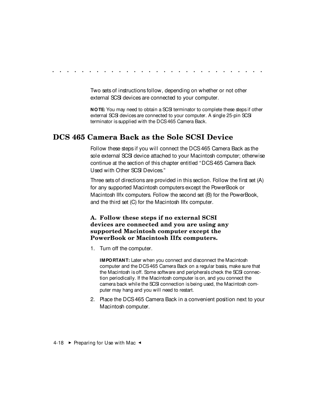 Kodak user manual DCS 465 Camera Back as the Sole Scsi Device, Turn off the computer 