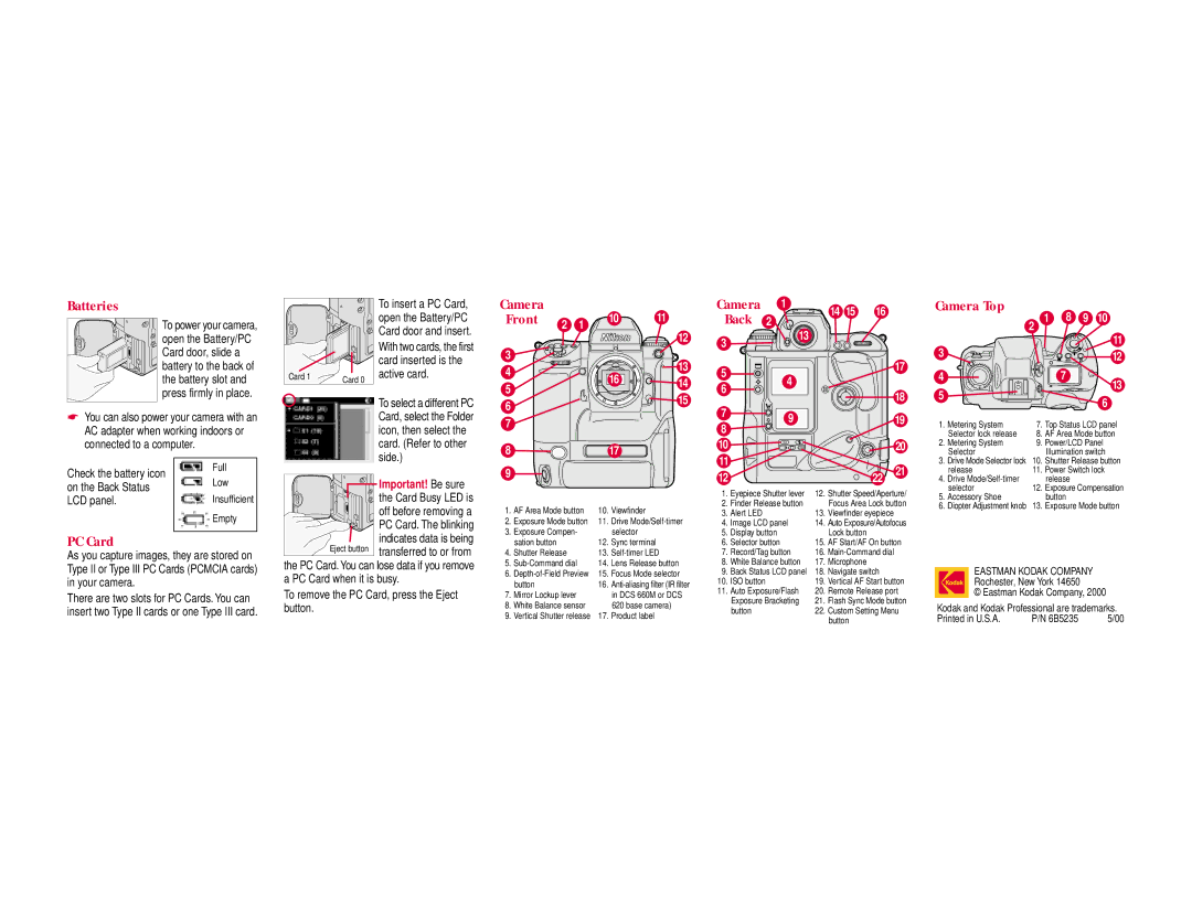 Kodak DCS 600 Series manual Batteries, Camera Front 2, Camera Top, PC Card 
