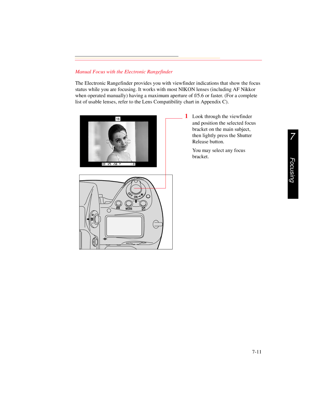 Kodak DCS 700 manual Manual Focus with the Electronic Rangefinder 