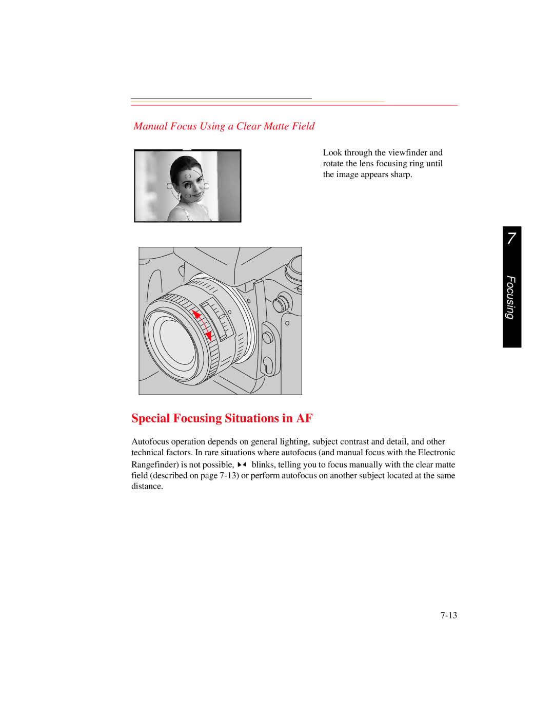 Kodak DCS 700 manual Special Focusing Situations in AF, Manual Focus Using a Clear Matte Field 