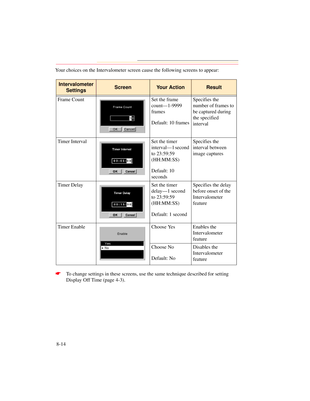 Kodak DCS 700 manual Intervalometer Screen Your Action Result Settings 