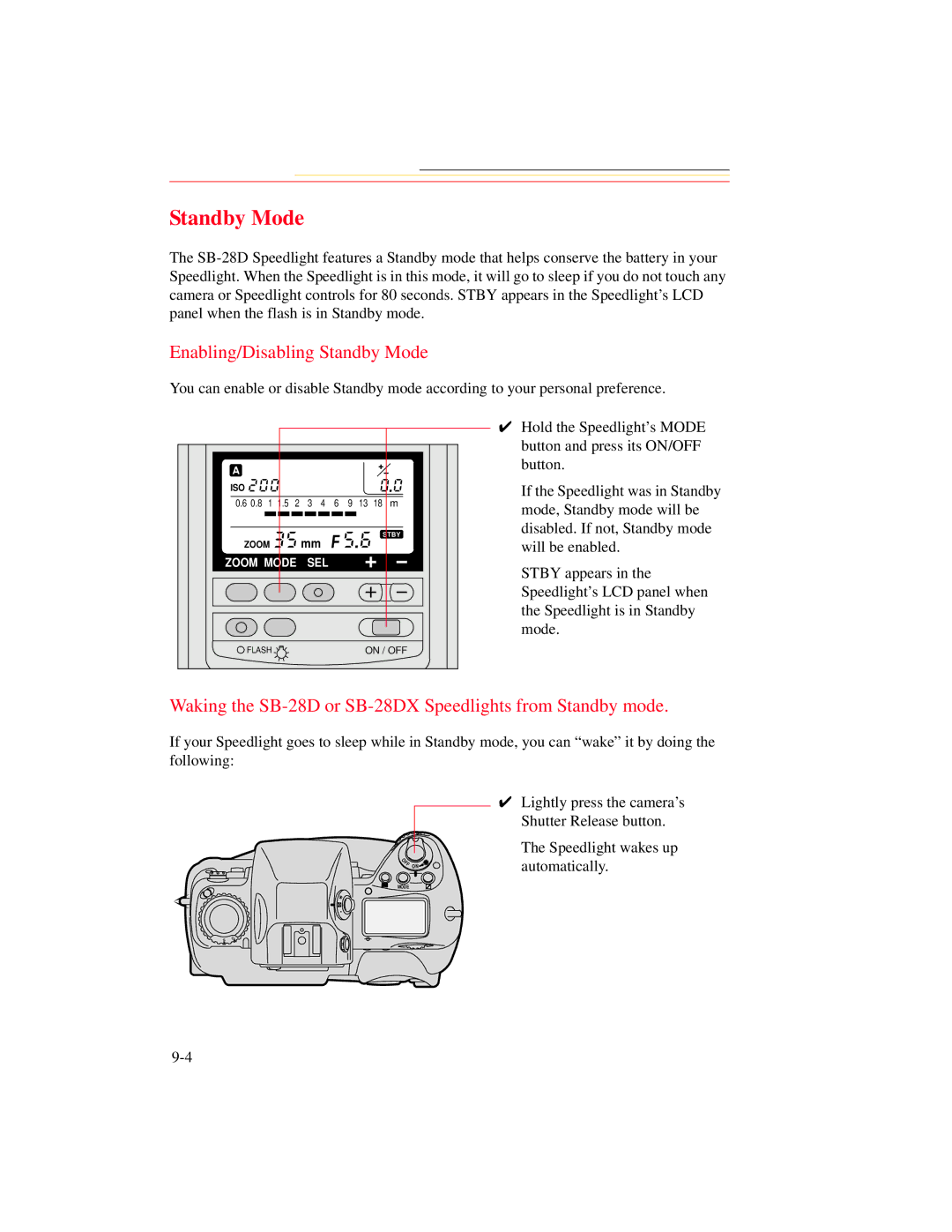 Kodak DCS 700 manual Enabling/Disabling Standby Mode, Waking the SB-28D or SB-28DX Speedlights from Standby mode 