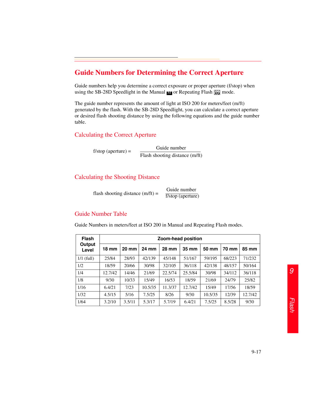 Kodak DCS 700 Guide Numbers for Determining the Correct Aperture, Calculating the Correct Aperture, Guide Number Table 