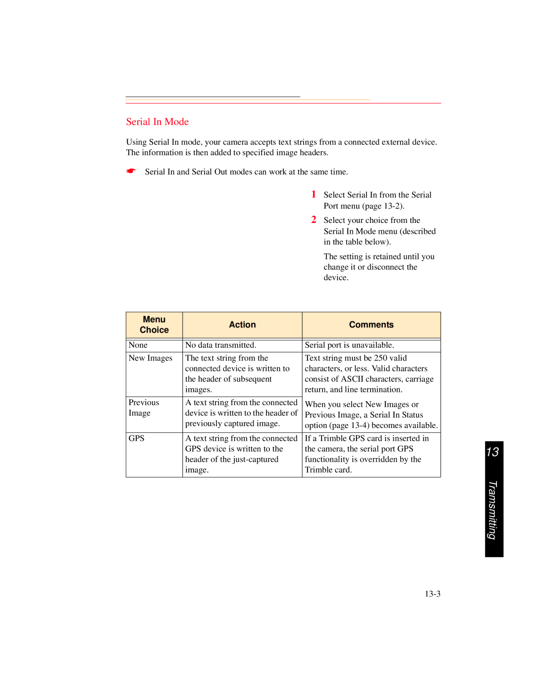 Kodak DCS 700 manual Serial In Mode, Menu Action Comments Choice 