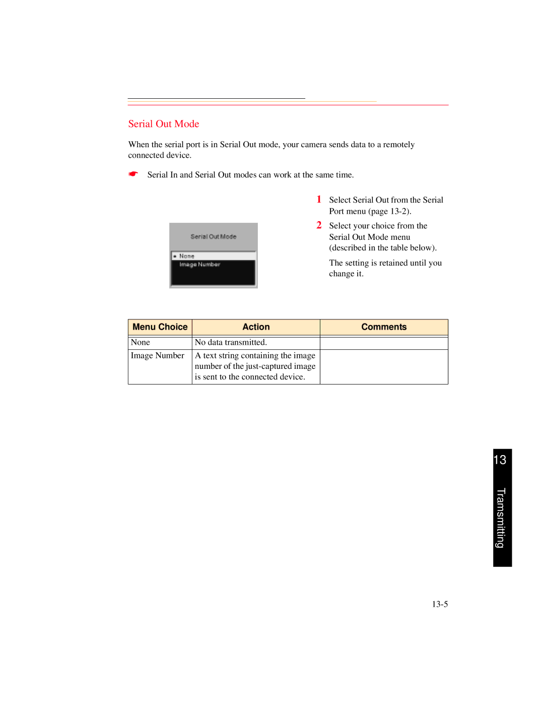 Kodak DCS 700 manual Serial Out Mode, Menu Choice Action Comments 