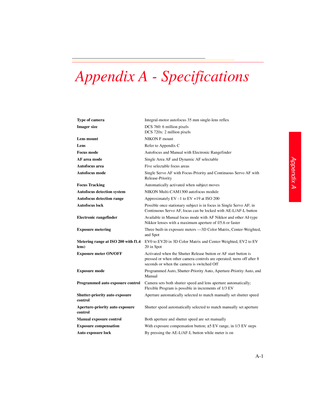 Kodak DCS 700 manual Appendix a Specifications, Autofocus lock 