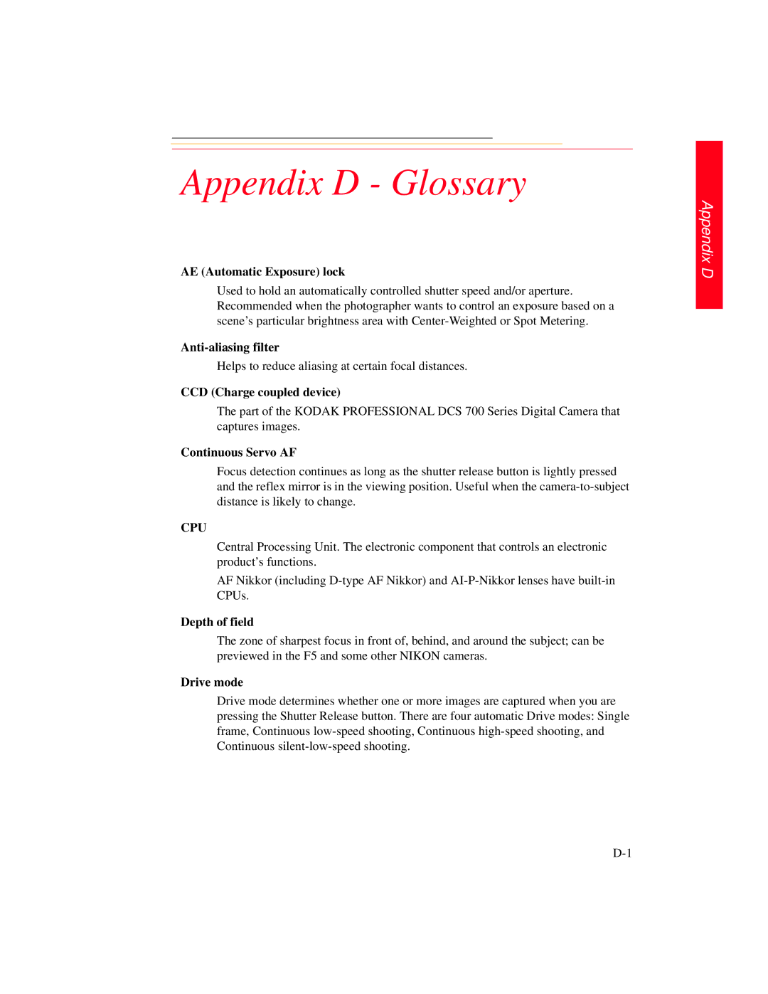 Kodak DCS 700 manual Appendix D Glossary 