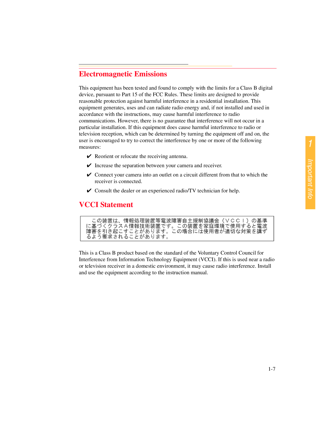 Kodak DCS 700 manual Electromagnetic Emissions, Vcci Statement 