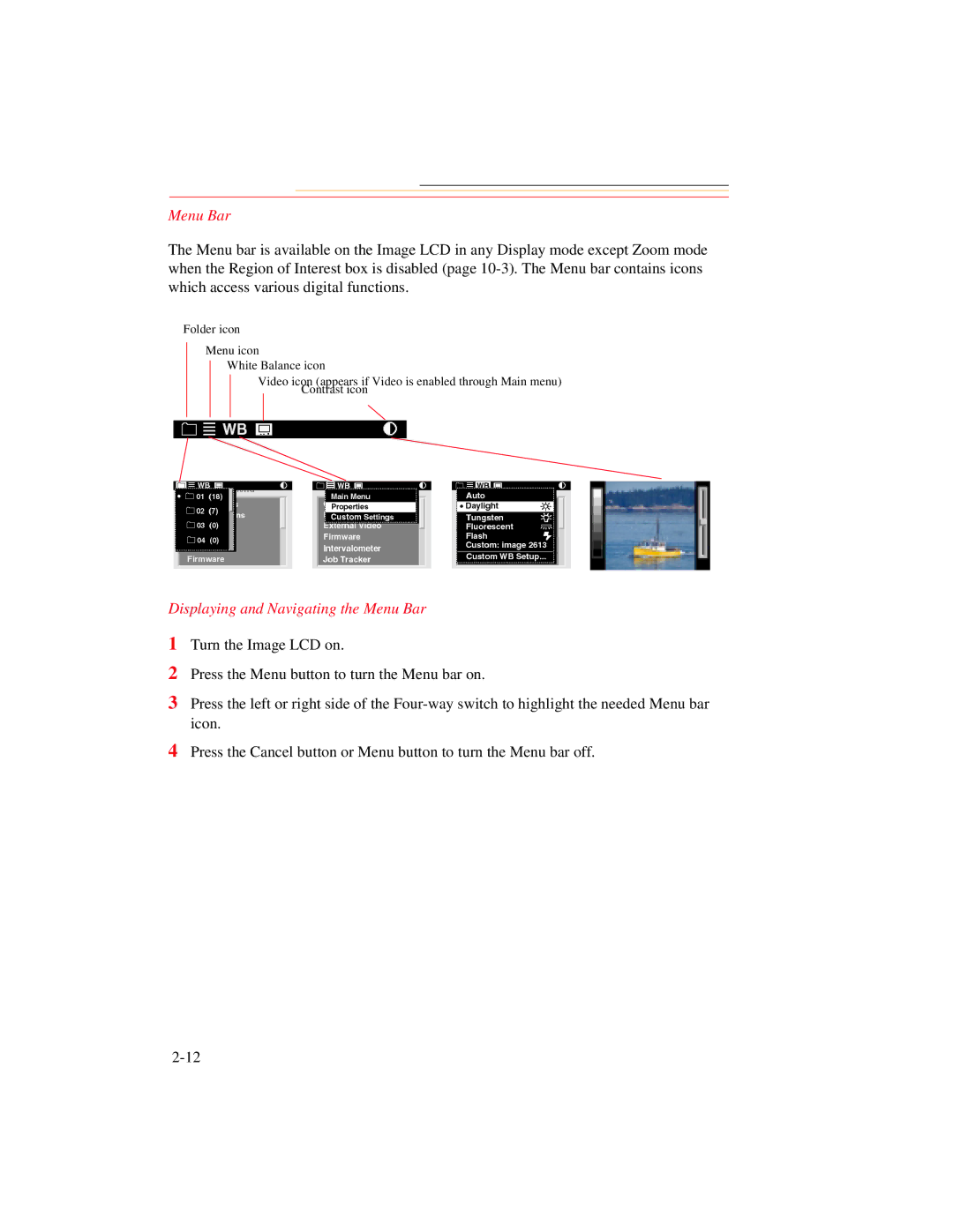 Kodak DCS 700 manual Displaying and Navigating the Menu Bar 