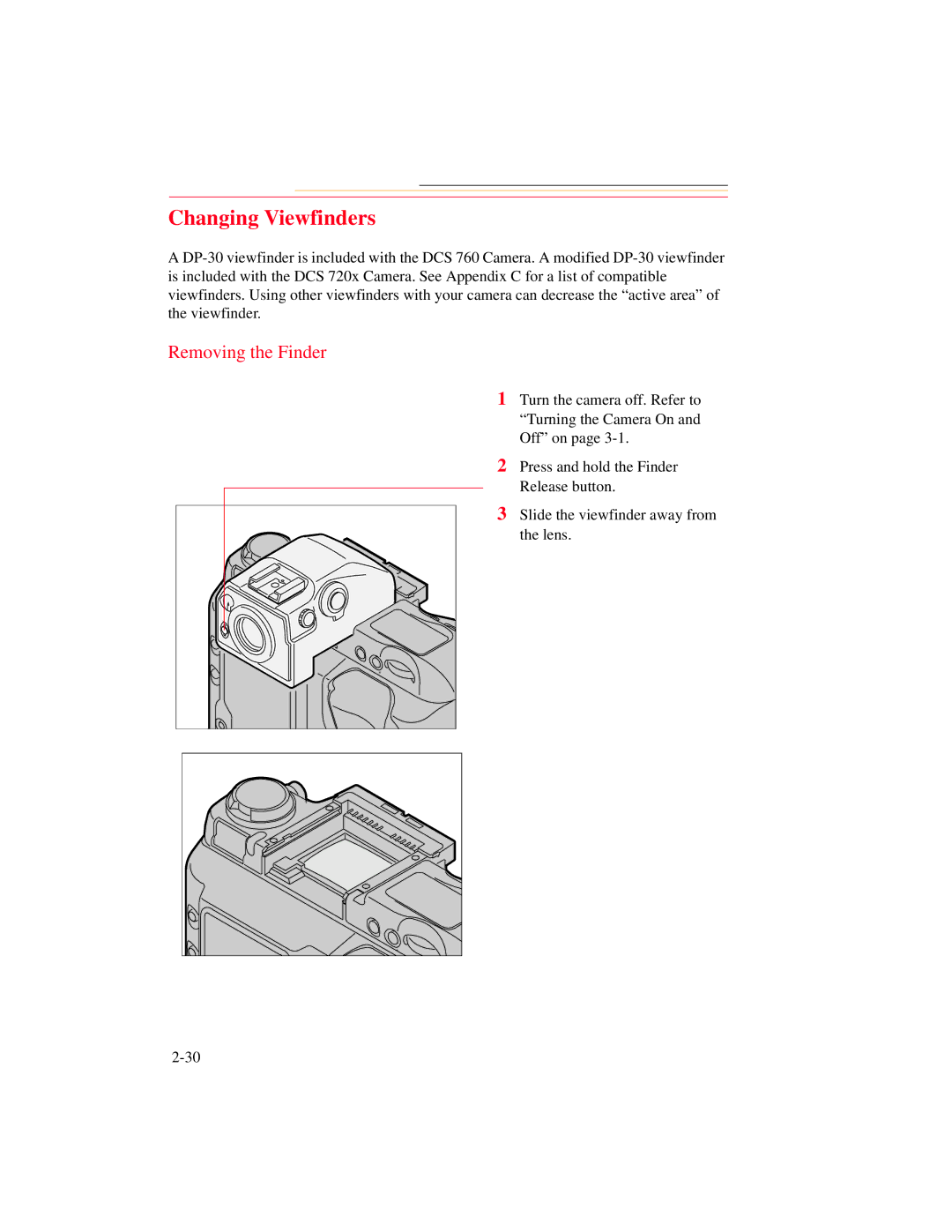 Kodak DCS 700 manual Changing Viewfinders, Removing the Finder 