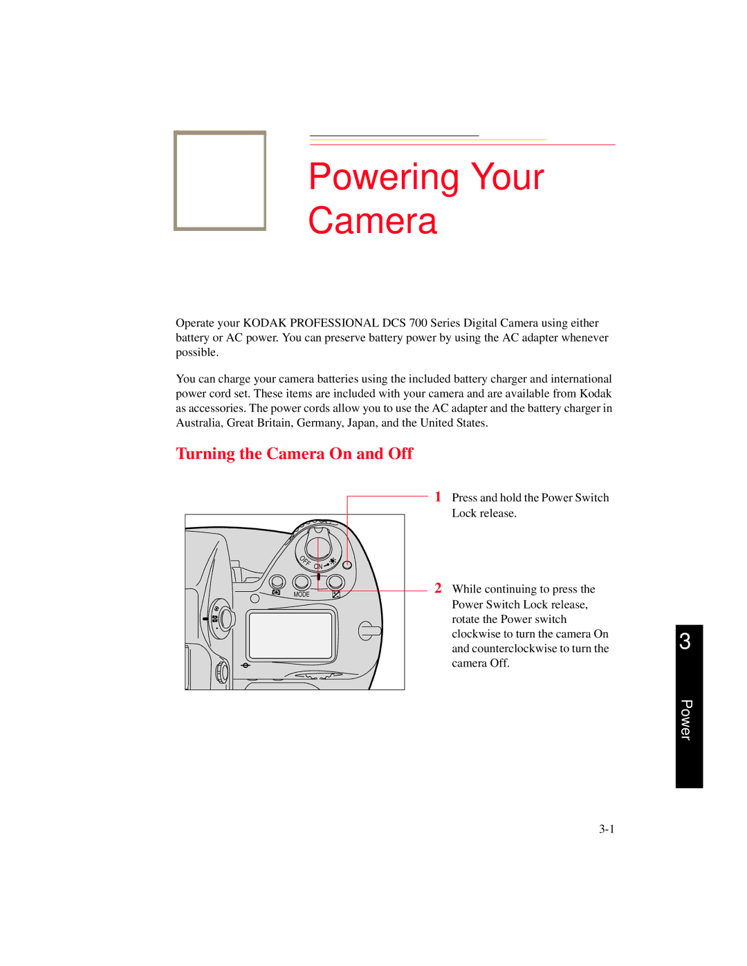 Kodak DCS 700 manual Here Powering Your Camera, Turning the Camera On and Off 