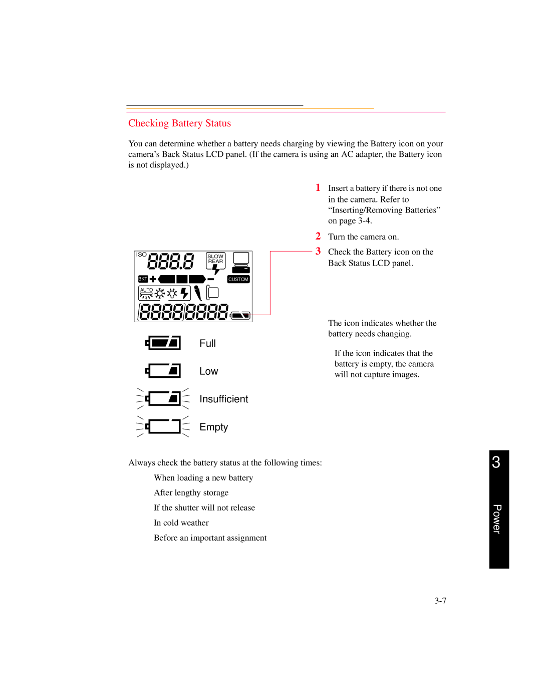 Kodak DCS 700 manual Checking Battery Status, Empty 