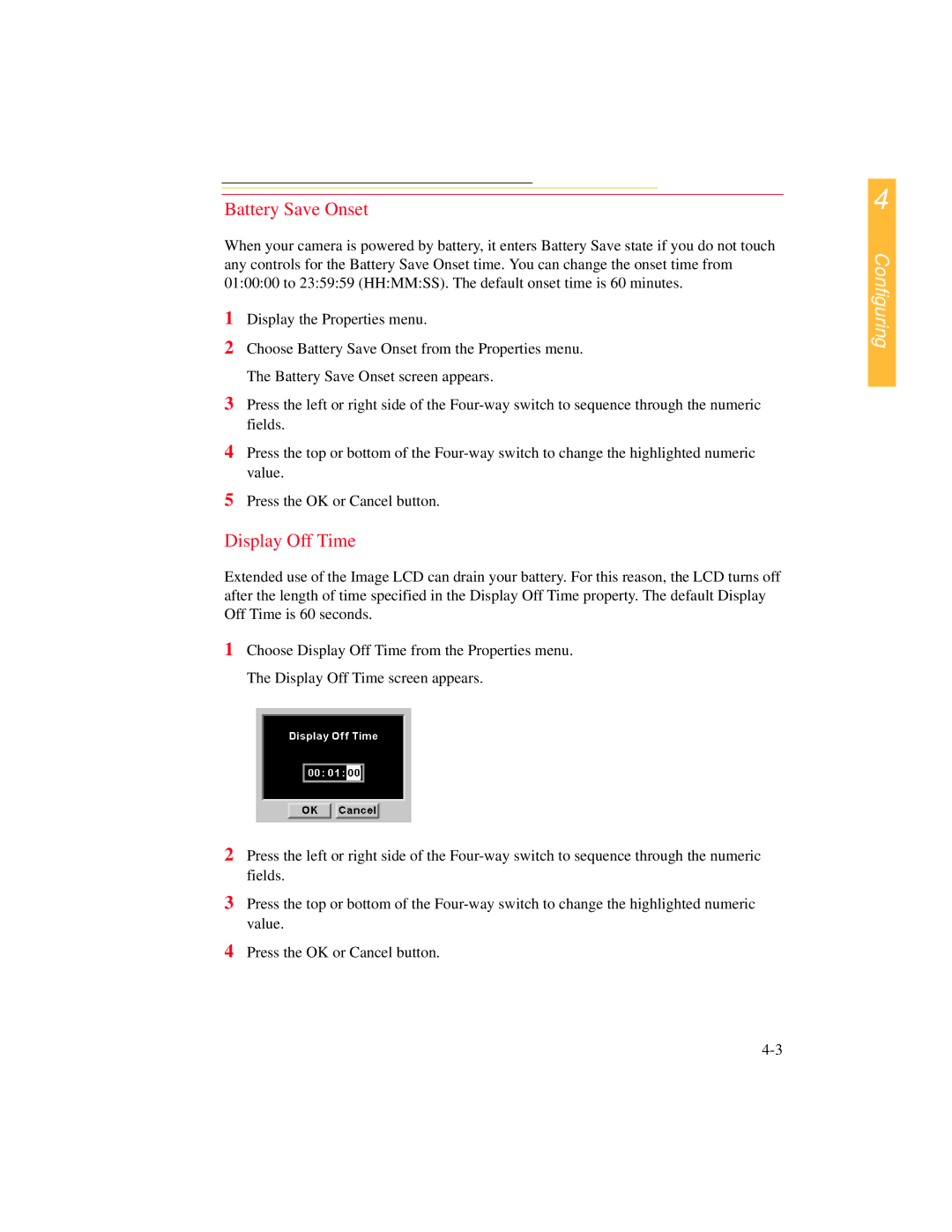 Kodak DCS 700 manual Battery Save Onset, Display Off Time 