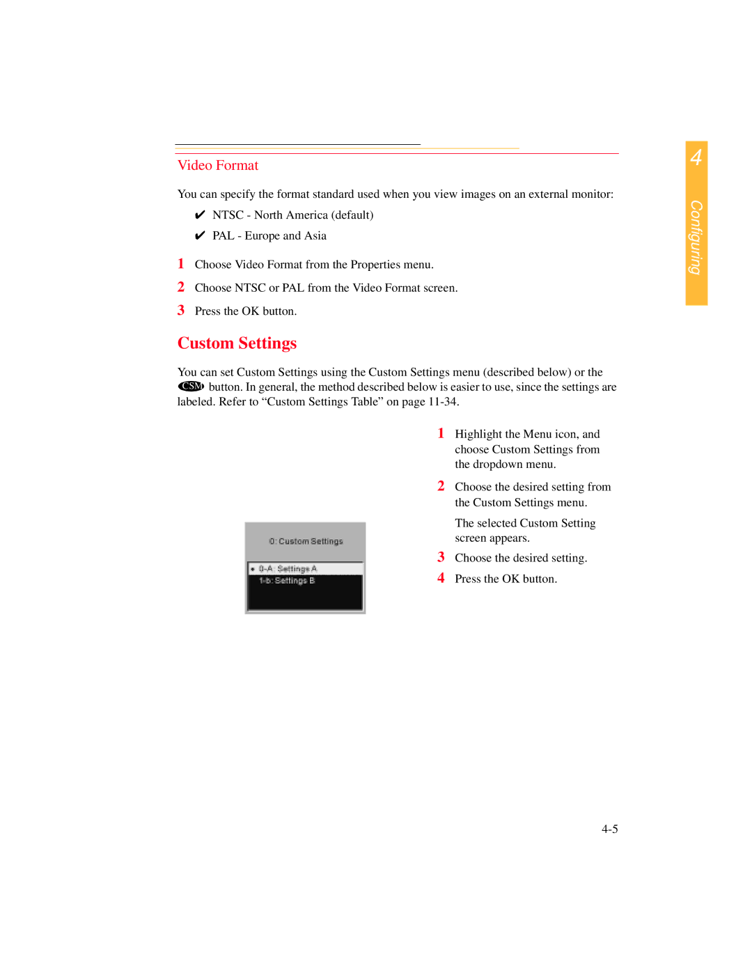 Kodak DCS 700 manual Custom Settings, Video Format 