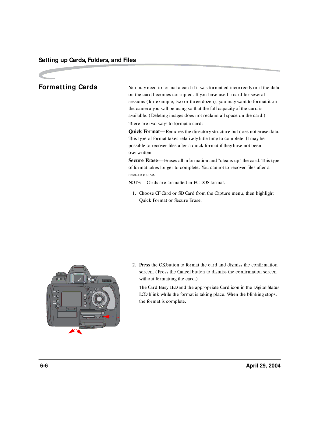 Kodak DCS Pro SLR/n manual Formatting Cards, There are two ways to format a card, Overwritten, Secure erase 