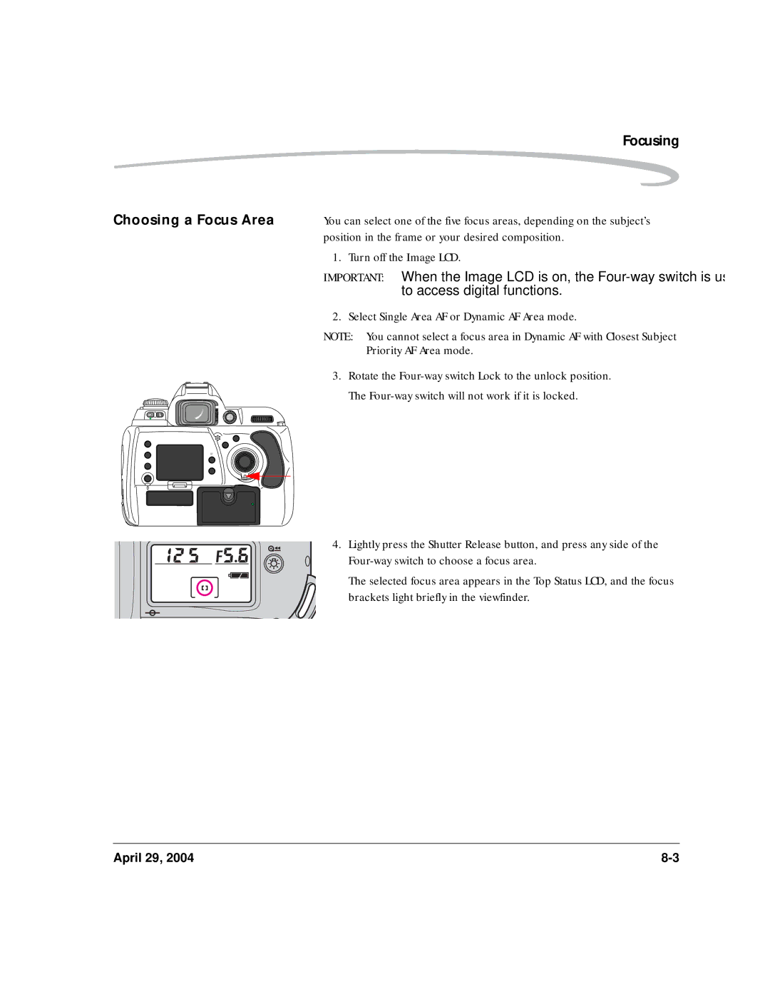 Kodak DCS Pro SLR/n manual Focusing Choosing a Focus Area 