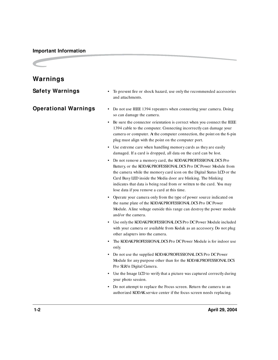 Kodak DCS Pro SLR/n manual Safety Warnings, Attachments 