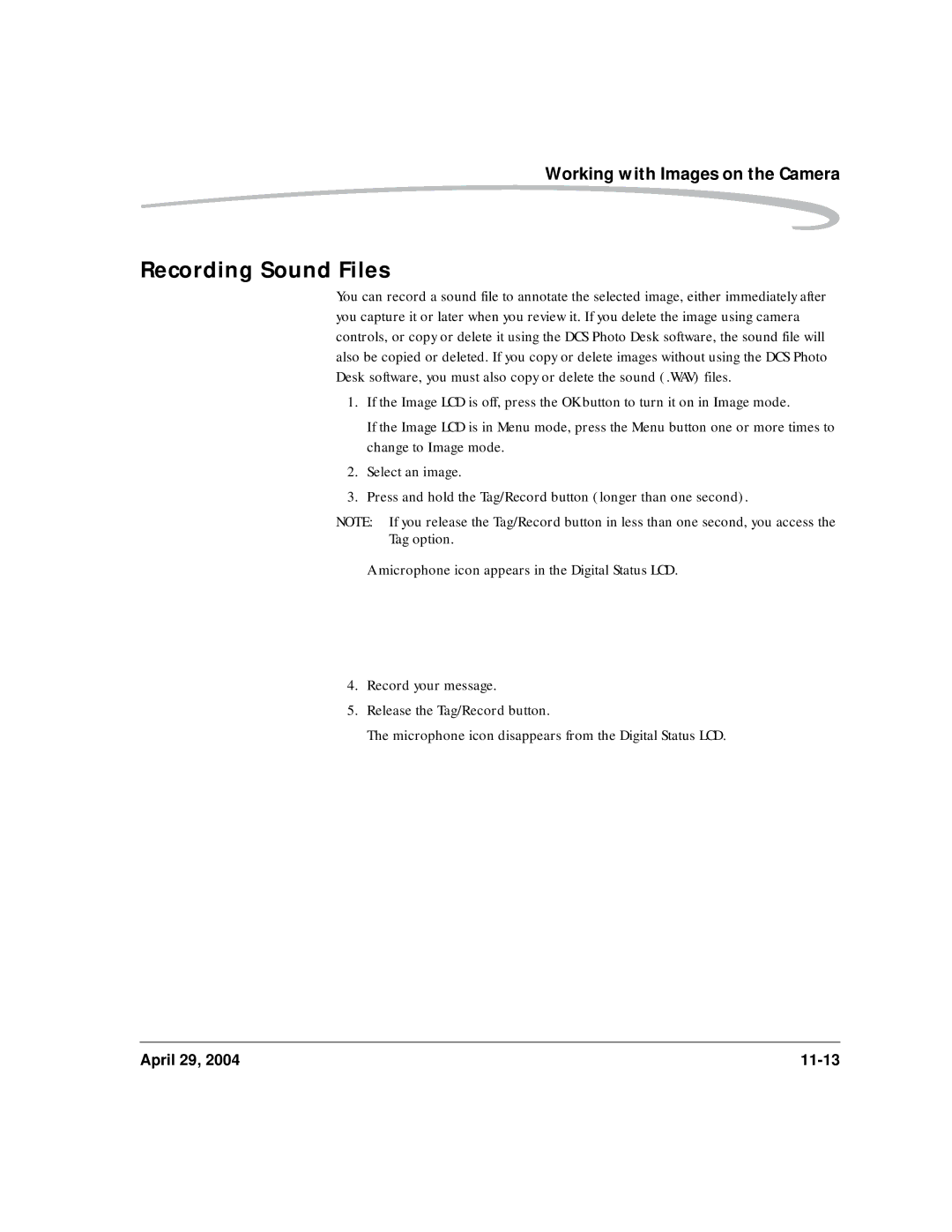 Kodak DCS Pro SLR/n manual Recording Sound Files 