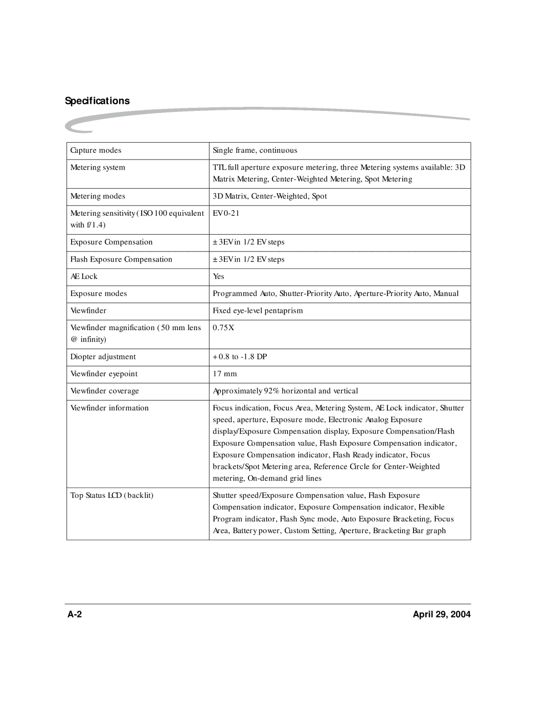 Kodak DCS Pro SLR/n manual Specifications 