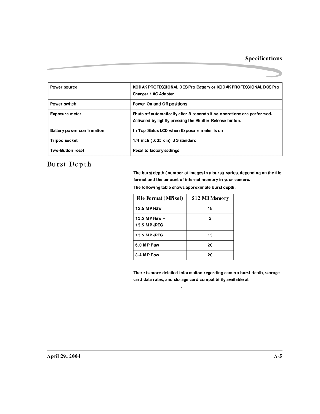 Kodak DCS Pro SLR/n manual Burst Depth, MB Memory 