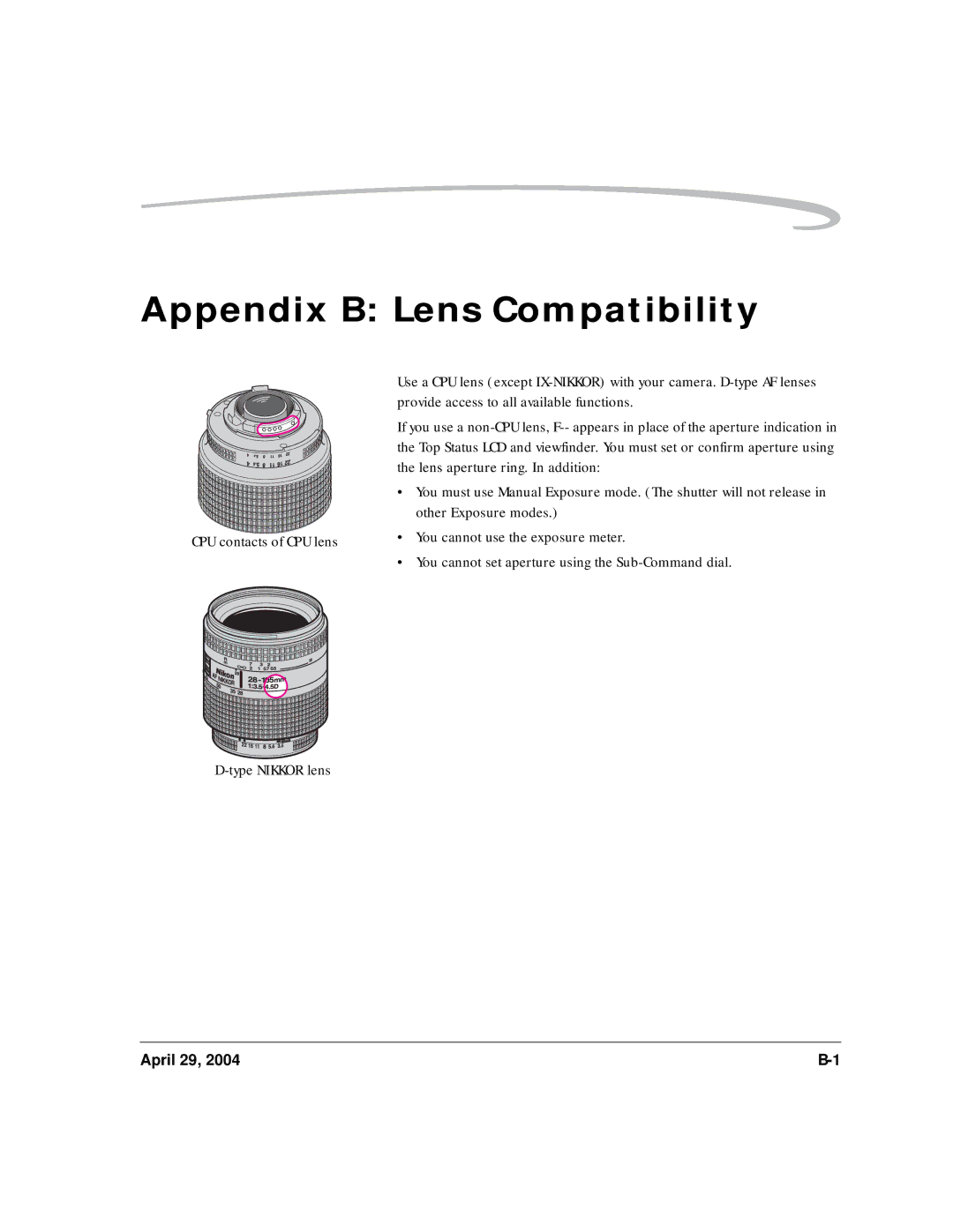 Kodak DCS Pro SLR/n manual Appendix B Lens Compatibility 