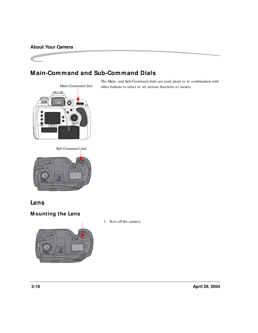 Kodak DCS Pro SLR/n manual Main-Command and Sub-Command Dials, Mounting the Lens, Turn off the camera 