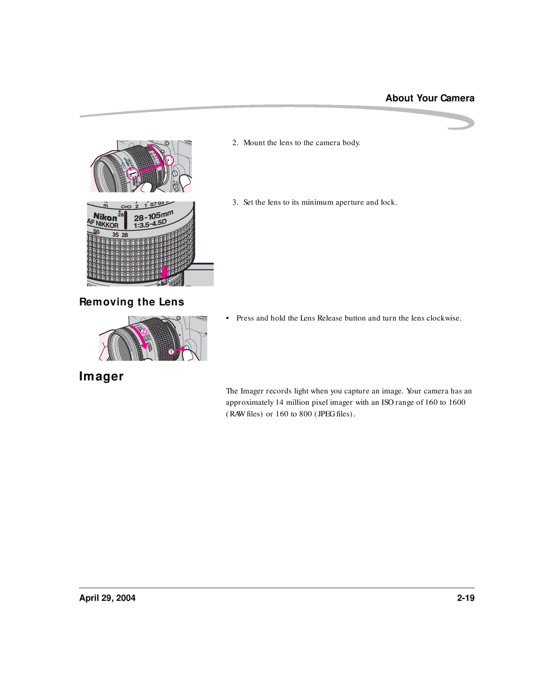 Kodak DCS Pro SLR/n manual Imager, Removing the Lens 