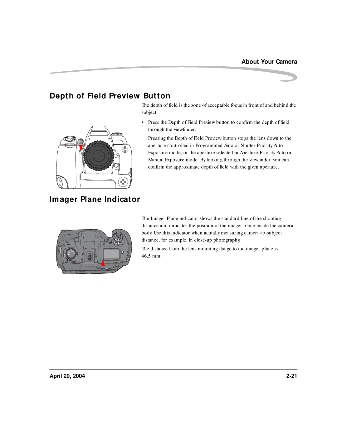 Kodak DCS Pro SLR/n manual Depth of Field Preview Button, Imager Plane Indicator 