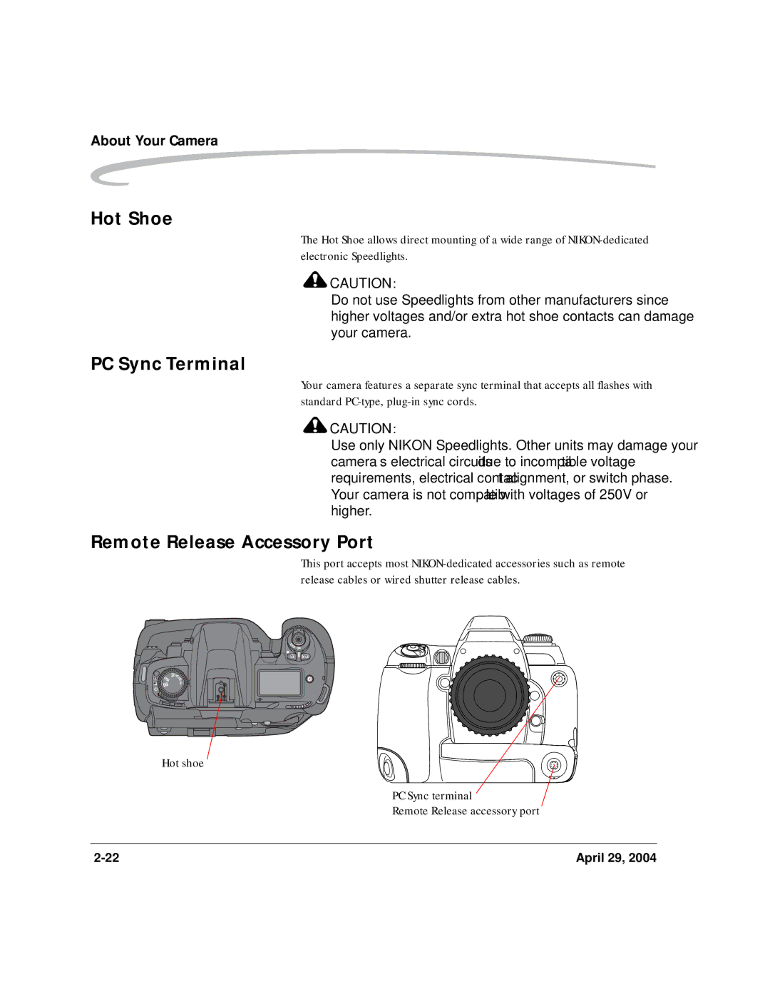 Kodak DCS Pro SLR/n manual Hot Shoe, PC Sync Terminal, Remote Release Accessory Port 