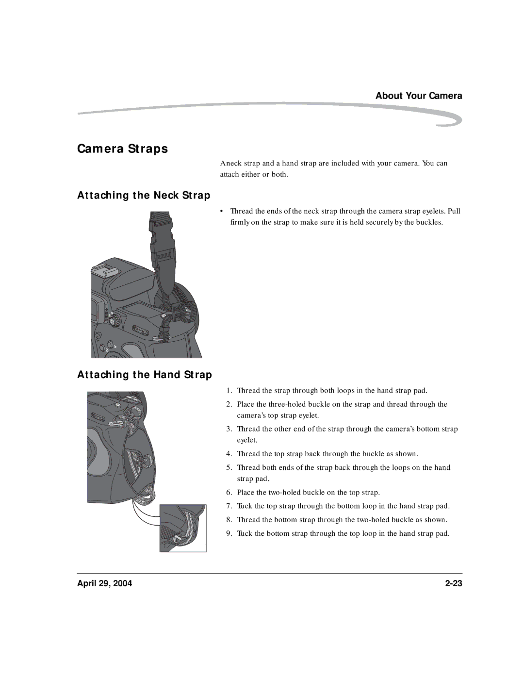 Kodak DCS Pro SLR/n manual Camera Straps, Attaching the Neck Strap, Attaching the Hand Strap 